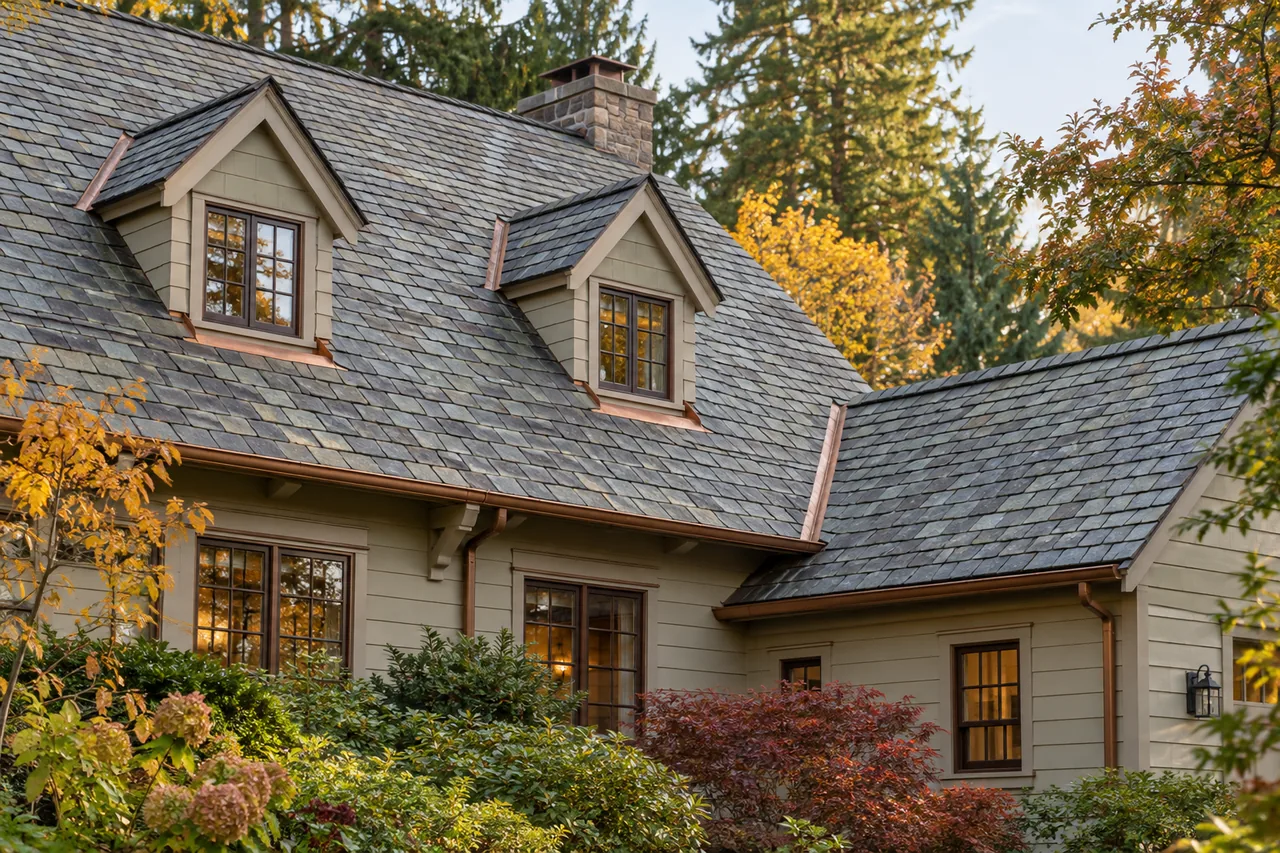 Gray-green slate roof with two gabled dormers and a matching lower roof over a side wing.